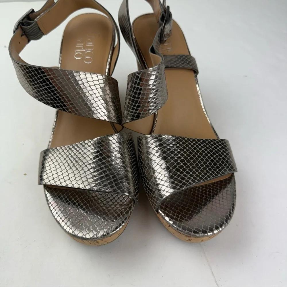 Franco Sarto Womens 8 Marabel Wedge Cork Heel Sandal Silver Croc